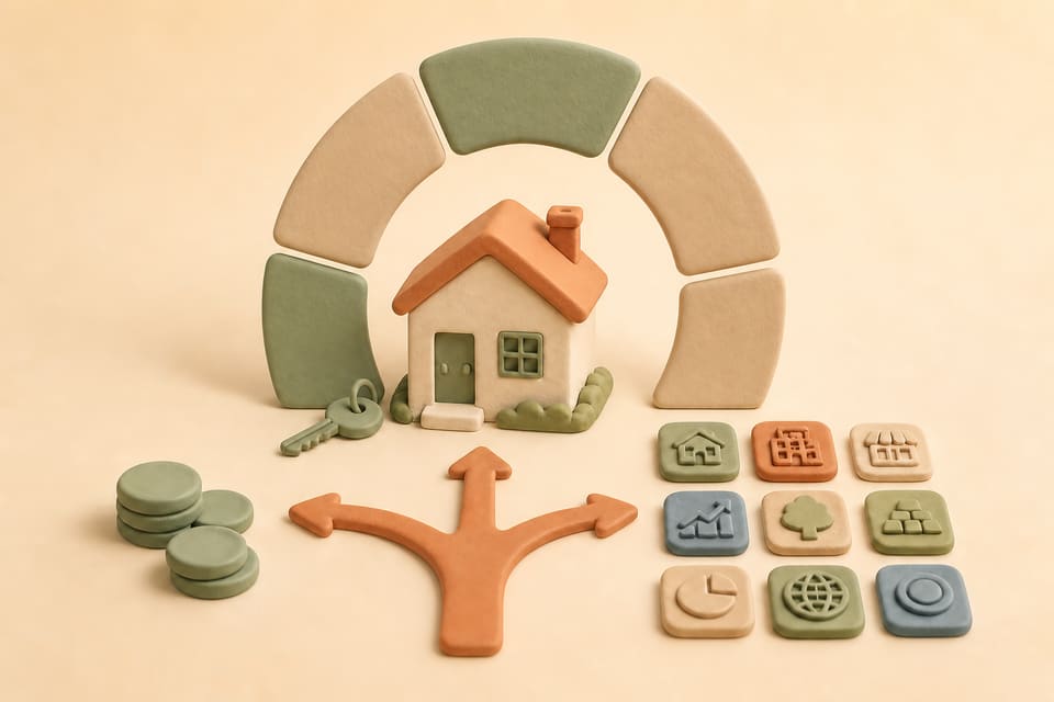 Soft clay illustration of a former home inside a five-part timeline with a rental key, three-way decision path, coins and diversified investment tiles