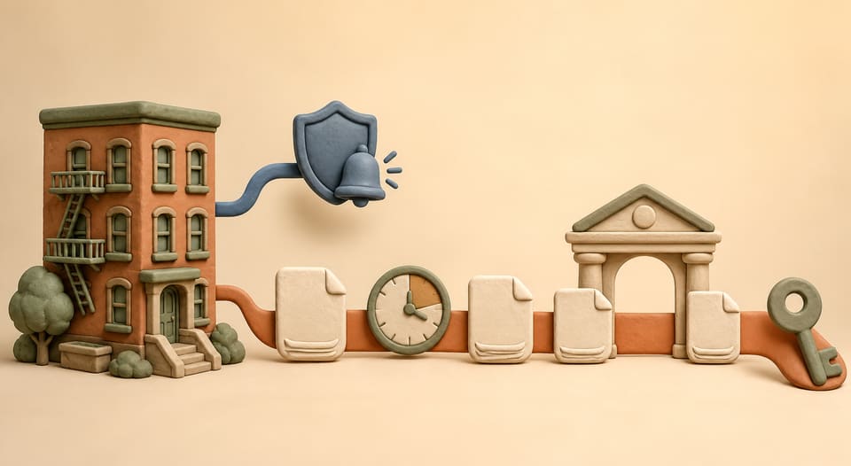 Clay-style illustration of a New York apartment, safety alert, dated notices, clock, Housing Court and a key connected by a procedural path