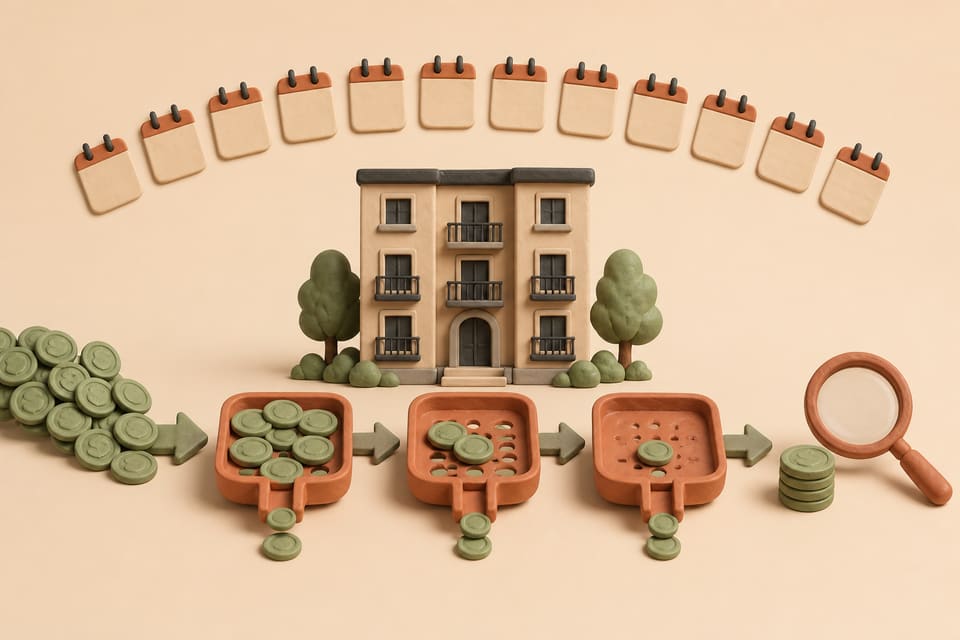 Clay illustration of rent coins passing through operating-cost, debt-service and capital-reserve filters beneath a twelve-month calendar