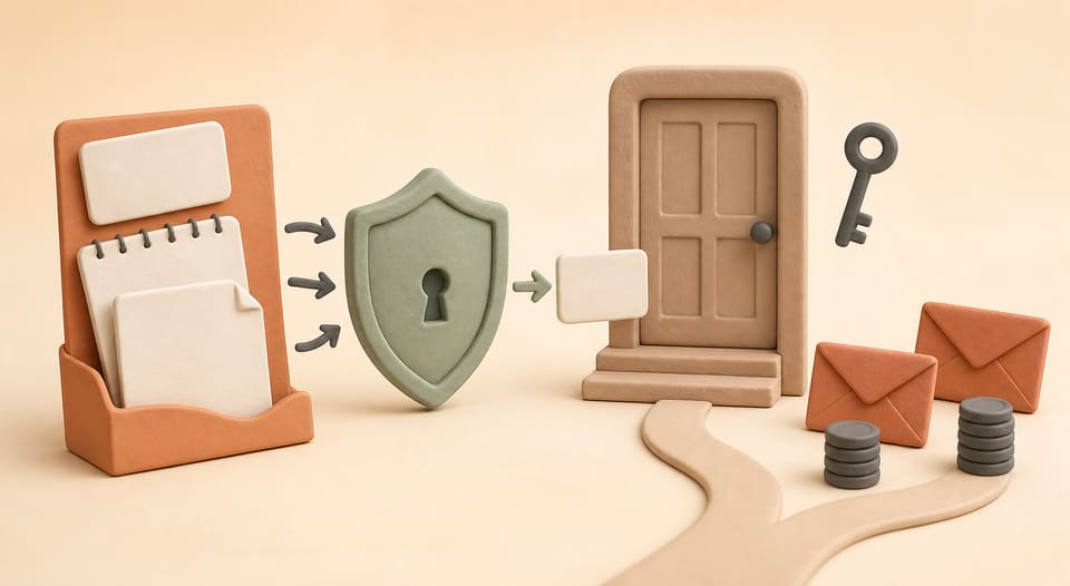 Editorial clay illustration of an Ontario rental application moving through privacy screening toward an apartment while two competing offer paths appear