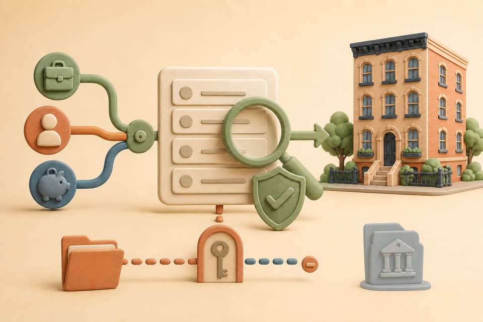 Clay illustration of a New York apartment reached through a consistent application review, with protected income paths and a court-record path stopped outside the screening flow