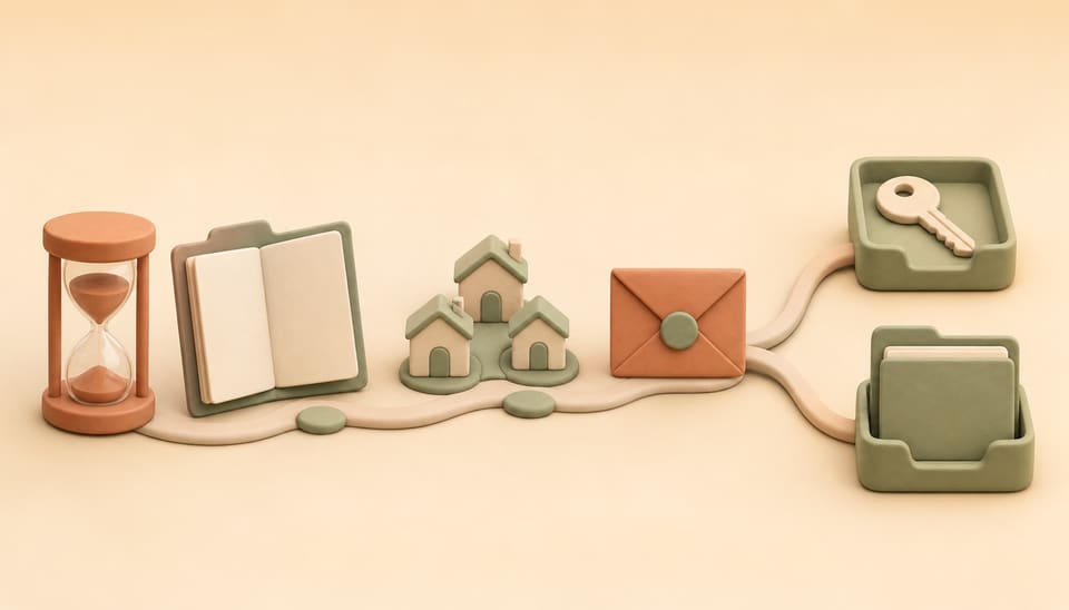 Soft clay hourglass, buyer agreement, home tour route, offer envelope and paths to closing or a documented exit