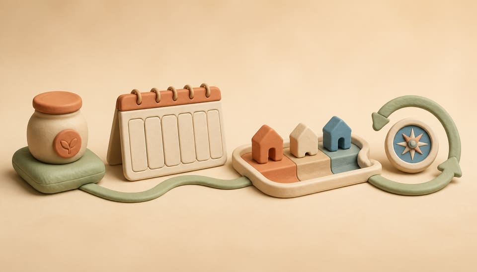 Clay savings jar, weekly planner, staged house tokens and review compass connected as a first-year real estate agent operating system