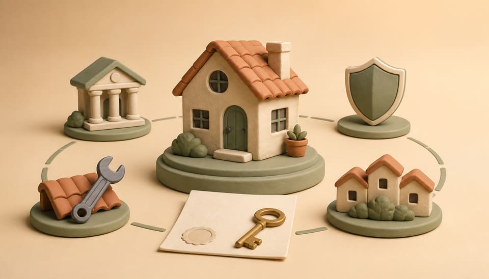Soft clay house and deed surrounded by symbols for local services, insurance, maintenance, and shared community costs