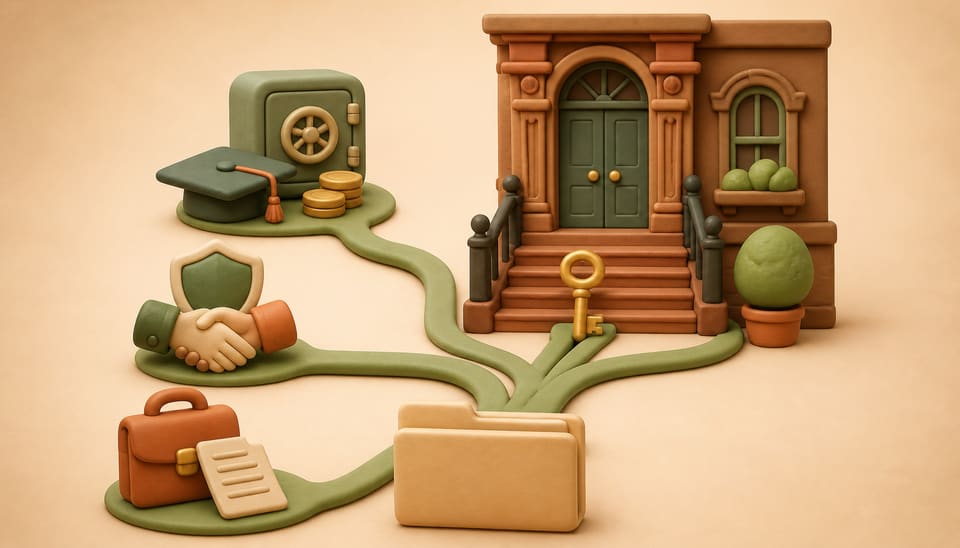 Clay illustration of three documented rental qualification paths—assets, guaranty and employment—merging into a key for a New York brownstone