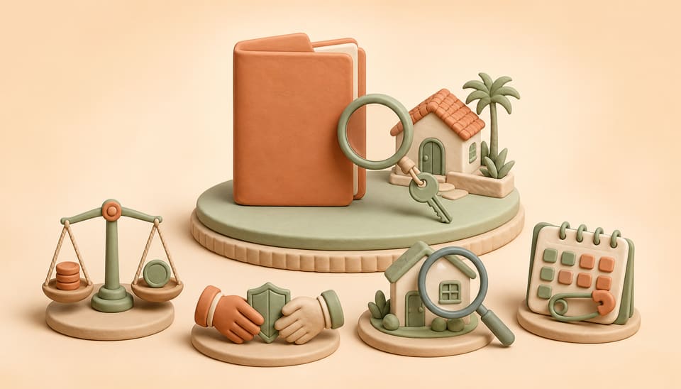 Clay buyer agreement, house key, compensation scale, agency shield, inspection lens and contingency calendar