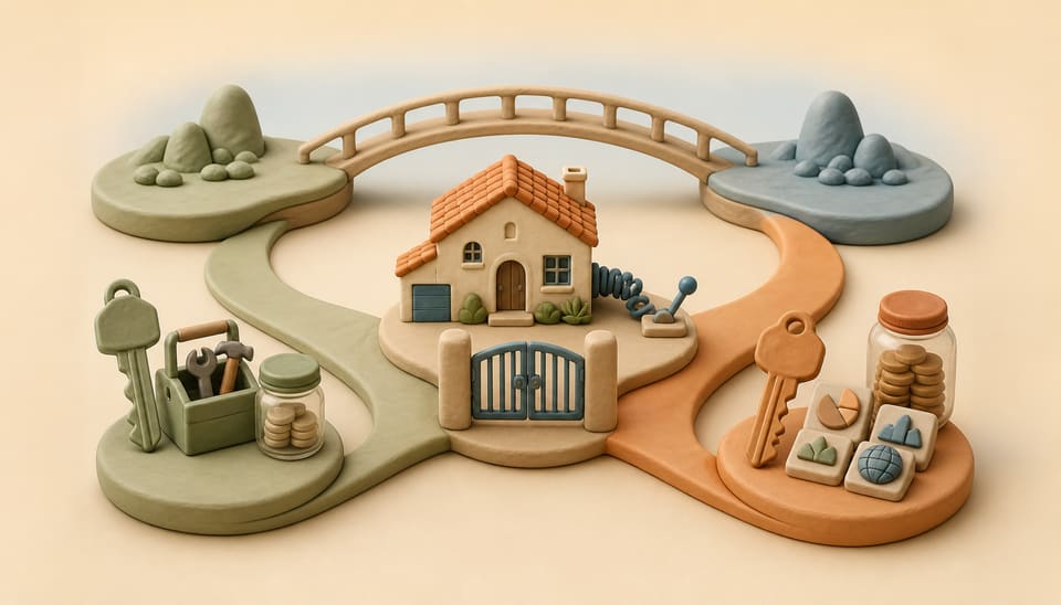 Clay California house at a split path between rental operations and diversified sale proceeds, with a bridge representing the option to return
