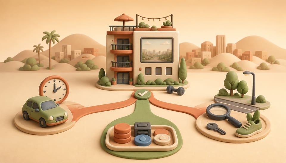 Clay illustration of a Los Angeles apartment connected to commute, monthly-cost and street-inspection checkpoints