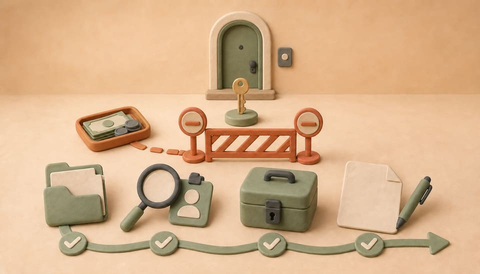 Wide clay illustration of a California apartment payment being paused for identity, fee and lease verification