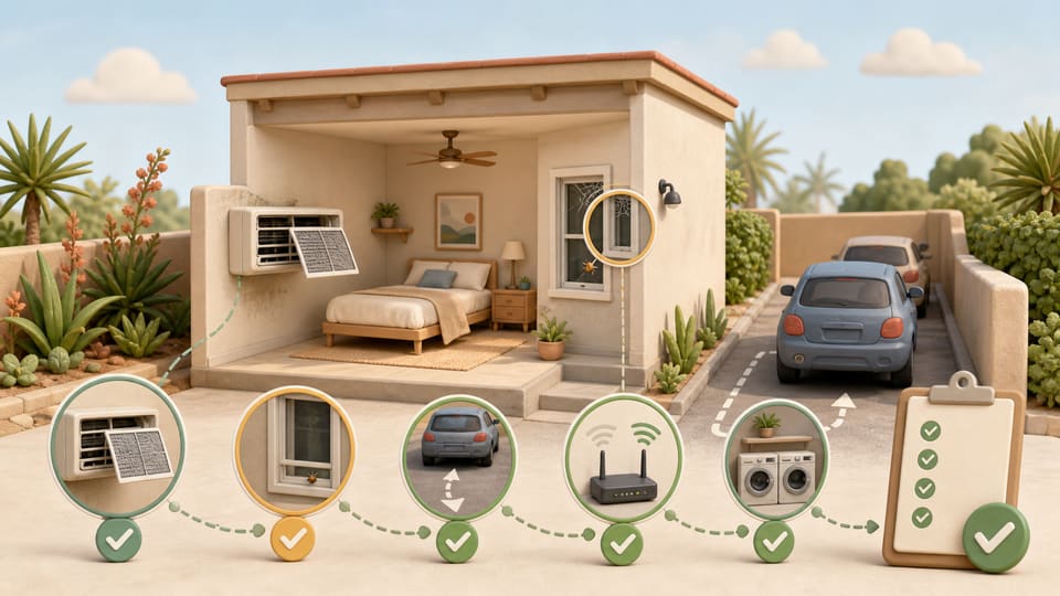 Wide clay illustration of a California room rental inspection covering the air conditioner, pest entry points, parking, Wi-Fi, laundry and a checklist