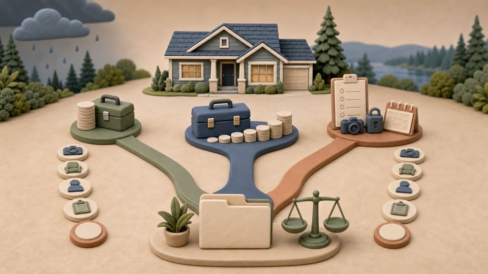 Wide clay illustration of a Pacific Northwest home with three paths representing a flat-fee broker, a percentage listing agent and a self-managed sale