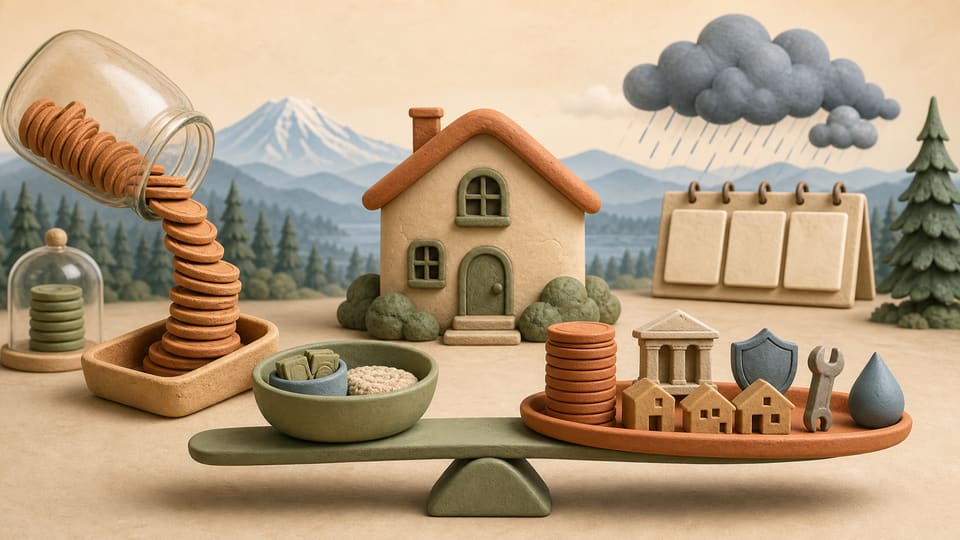 Wide clay illustration of a Pacific Northwest home surrounded by separate mortgage, tax, insurance, HOA, repair and cash-reserve costs