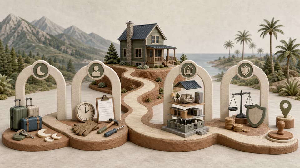 Wide clay illustration of a vacation rental passing through short-stay, owner-participation, depreciation, loss-limitation and local-permit checkpoints