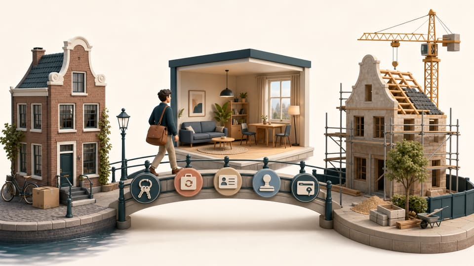 Wide clay illustration of a renter crossing from a Dutch home through a temporary apartment toward a new house under construction