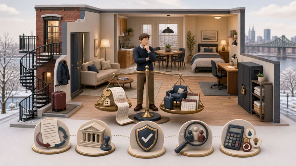 Wide clay illustration of a Montréal landlord comparing a standard lease with a furnished mid-term rental inside an apartment