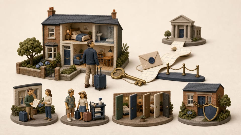 Wide clay illustration of an England homeowner comparing residential letting, holiday guests, room rentals and leaving a home empty before working abroad