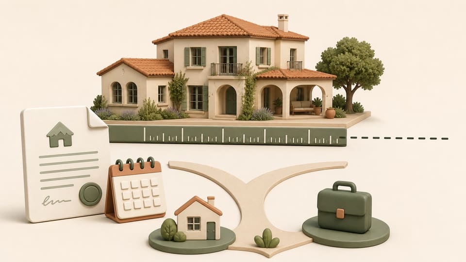 Clay illustration of a large Mediterranean house extending beyond a measuring scale, with a lease document and paths to a home and work suitcase