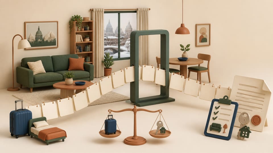 Clay illustration of a furnished Montréal apartment with a blank calendar ribbon crossing a threshold and a scale balancing a suitcase against a house key