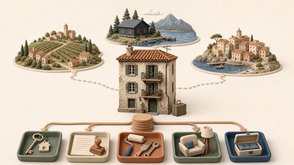 Clay illustration of a modest European apartment and a limited investment budget divided among purchase, legal, repair, furniture and reserve trays