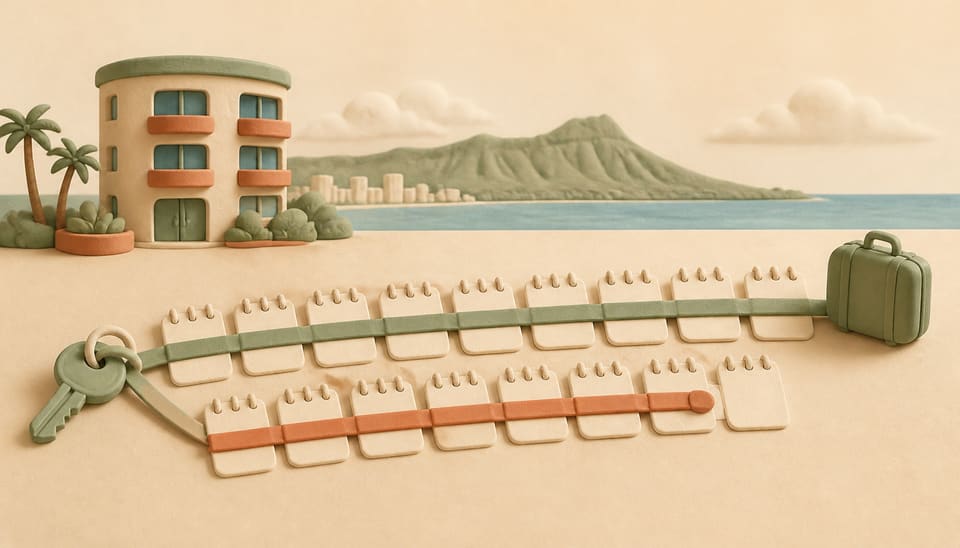 Clay illustration of two rental timelines beside a Honolulu apartment, with a green path reaching a suitcase and an orange path stopping one tile early