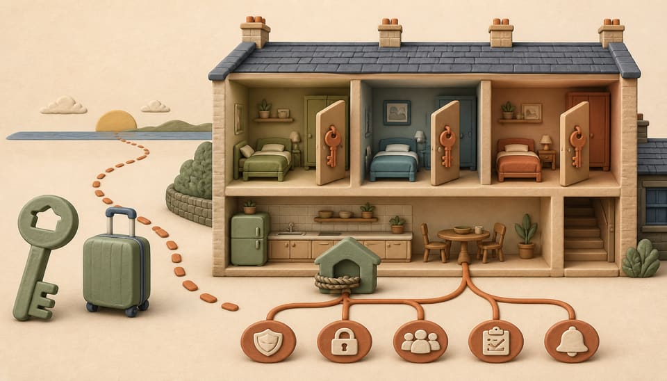 Clay cutaway of an English house with three separately keyed bedrooms, a shared kitchen, and the homeowner’s key and suitcase following a path abroad