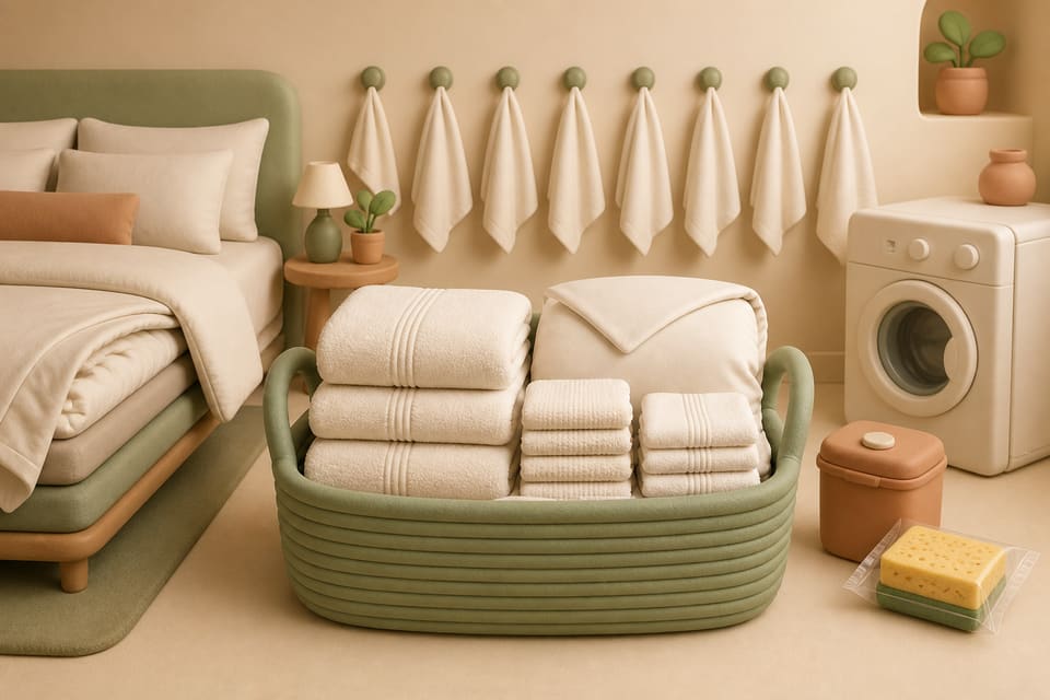 A neatly made rental bedroom with fresh towels, a linen basket, a washer and basic cleaning supplies