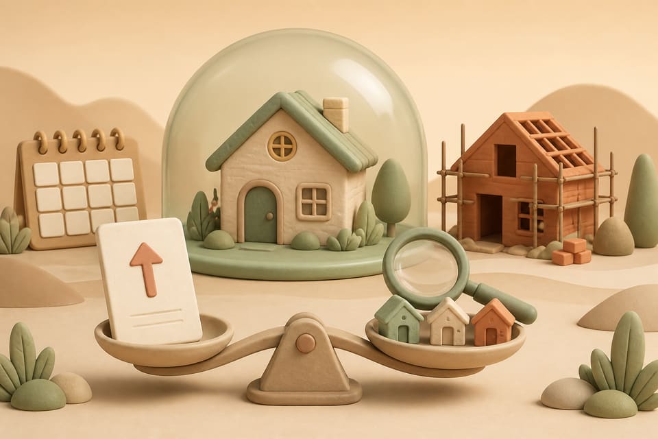 An established rental home protected by a dome beside a new home, a rent notice, comparable houses and a calendar
