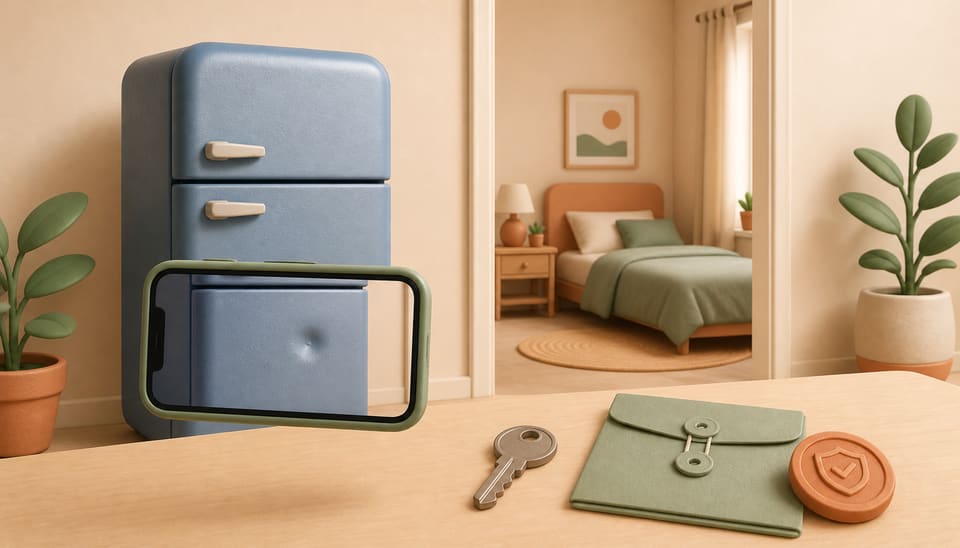 Wide clay illustration of a phone documenting a dent in an older refrigerator beside a room key, evidence folder and security-deposit token