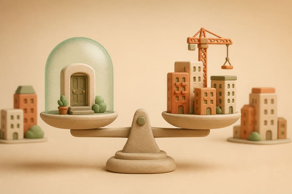 Clay balance scale weighing a protected apartment doorway against new apartment buildings and a construction crane
