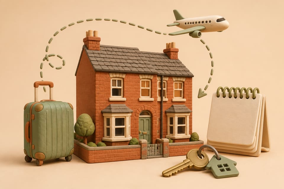 Clay English terraced house with a suitcase, returning aeroplane route, blank calendar and house keys
