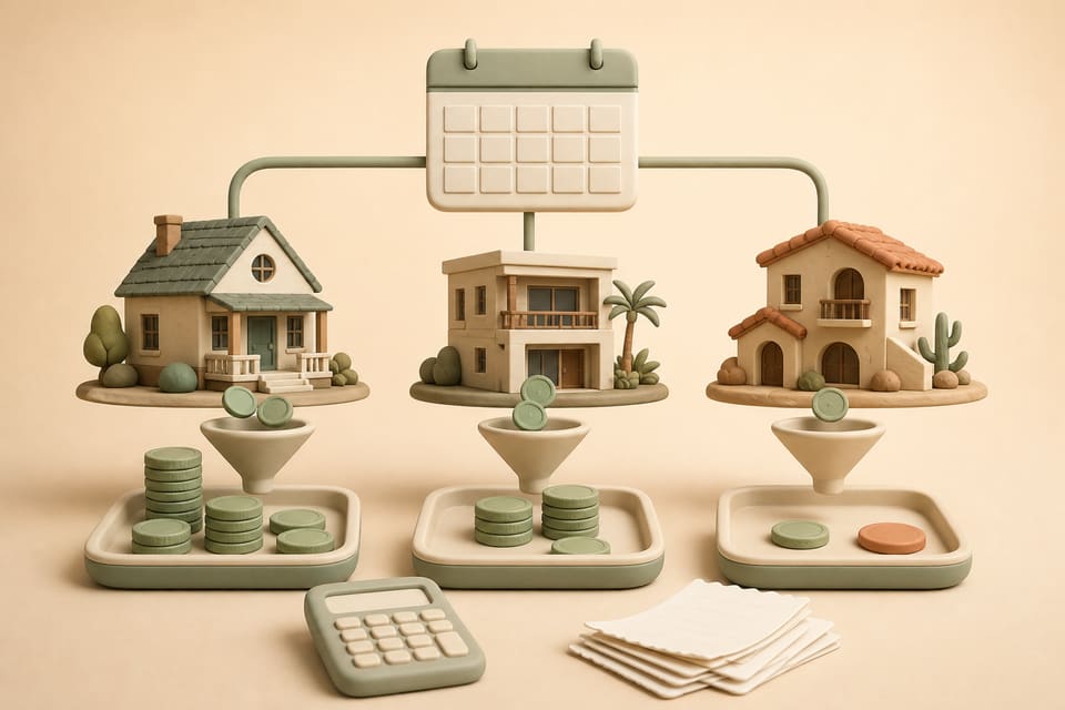 Three clay rental houses feeding separate coin trays beneath a monthly calendar