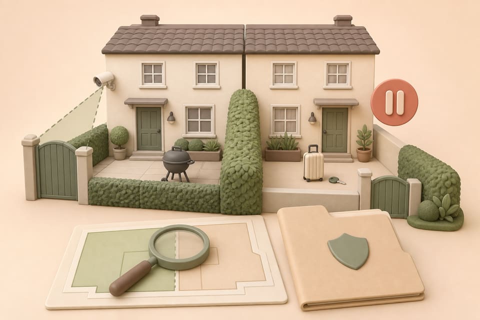 Clay duplex with separate yards, an owner-side exterior camera, a boundary map and evidence folder