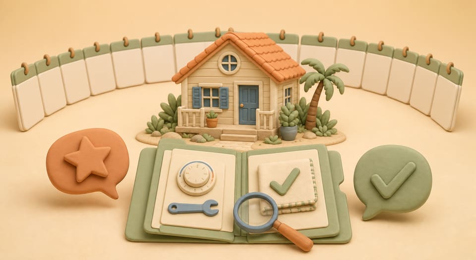 Clay summer rental cottage with a long calendar, evidence folder, review star and measured response checkmark
