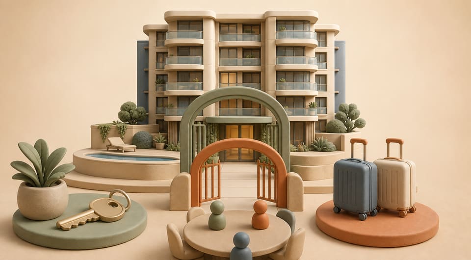 Apartment entrance with resident keys, visitor suitcases and separate owners corporation rule gates