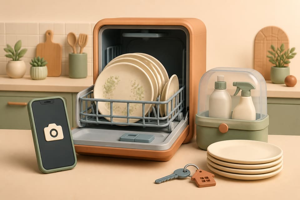 Open rental dishwasher with visibly affected dishes, a documentation phone and sealed professional cleaning supplies