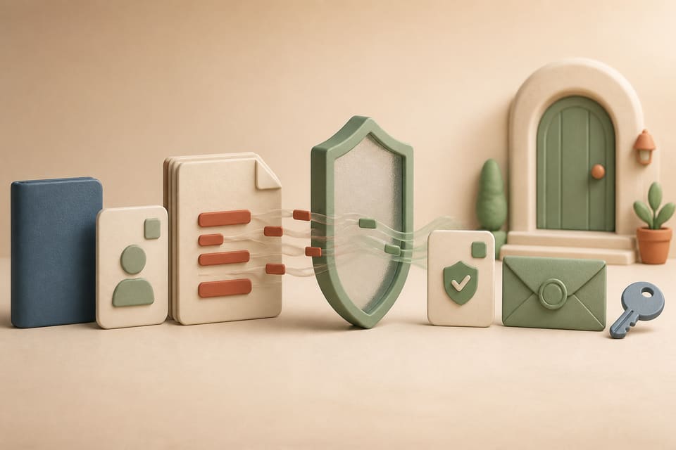 Identity and employment documents passing through a privacy shield before a renter receives an apartment key