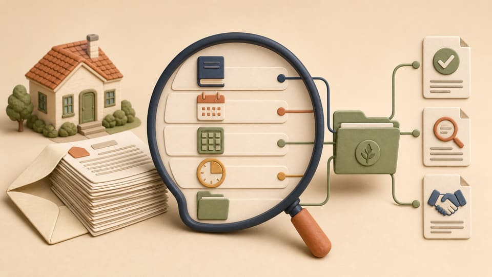 A stack of municipal notices being organized into code, date, calculation, deadline and evidence records before a response decision