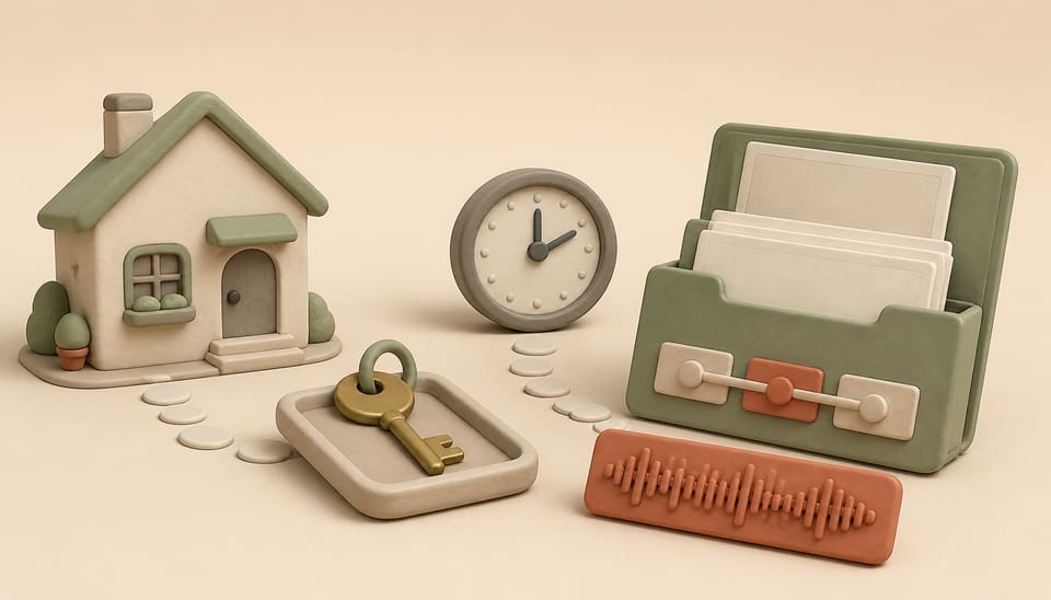 Clay rental house with a returned key, clock, short sound-wave strip and organized evidence folder