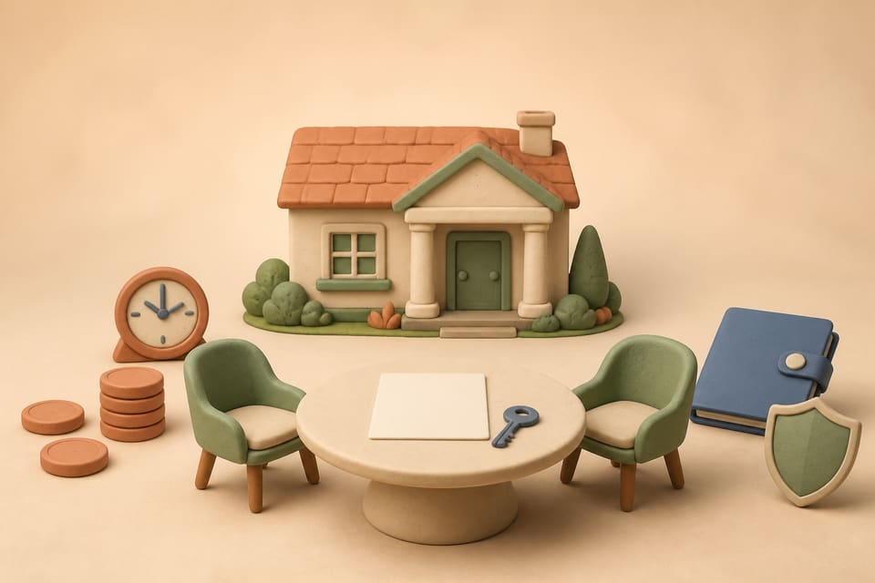 Clay illustration of two empty chairs and a written plan in front of a rental home, with missing rent tokens, a clock and a legal file