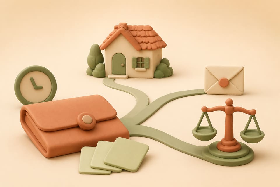 Clay illustration of a closed case folder with evidence cards, a clock, a sealed letter and balanced legal scales near a rental home