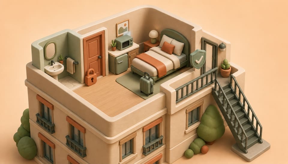 Clay cutaway of a third-floor private suite with an exterior stair, locked interior door, small appliances, suitcase and safety shield
