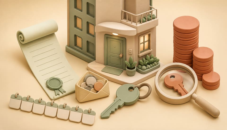 Clay condo scene with a sealed lease, seven blank calendar tiles, a returned-deposit envelope and a magnifying glass comparing a second key with higher rent tokens