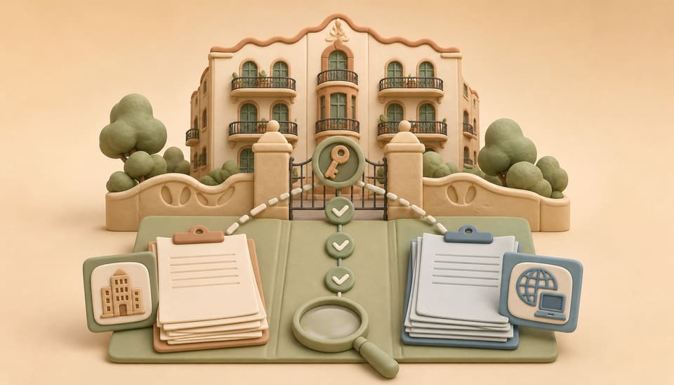 Clay Barcelona apartment scene with two employment-document stacks, verification markers, a magnifying glass and a rental key