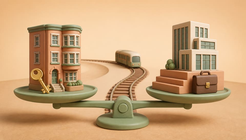 Clay illustration of a balance comparing a rent-controlled apartment and key with an office, career steps, briefcase and commuter train