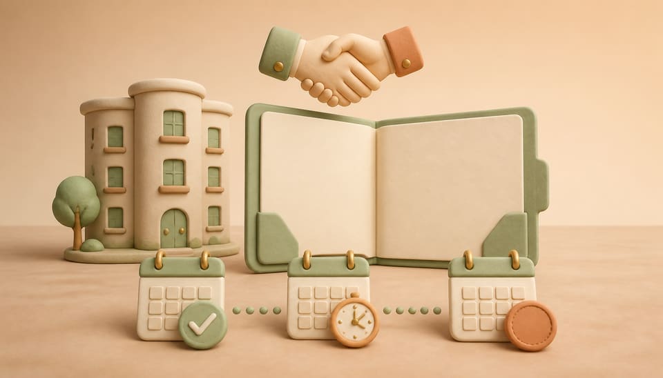 Clay illustration of an apartment, blank rent ledger, handshake and a sequence of calendars showing on-time and late payment stages