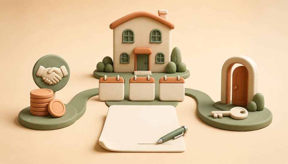 Clay illustration of a townhouse, blank unsigned lease, calendar sequence, payment coins, handshake and a key beside an open doorway