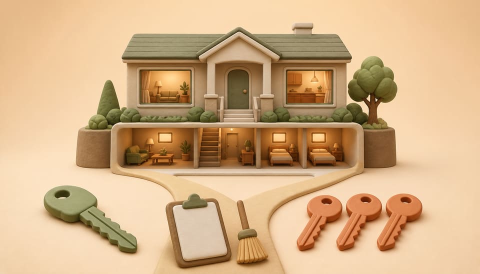 Clay cutaway of a bungalow basement with one large key on one path and three smaller keys on another beside a blank clipboard and broom