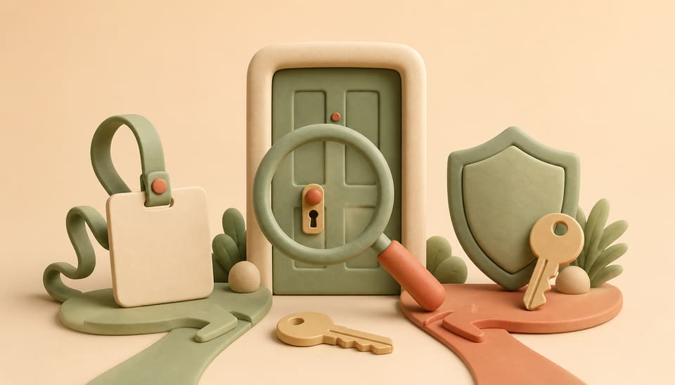 Clay apartment door, keys, access pass, shield and magnifying glass representing a tenancy-status review