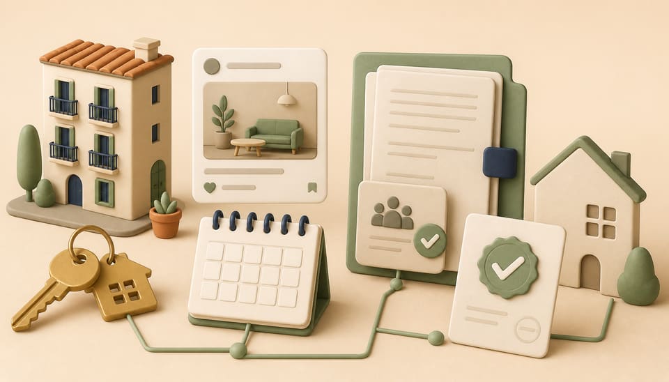 A small apartment key beside a shared lease folder, a calendar, a rental listing card without text, and a verification checklist