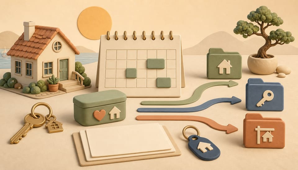 A small vacation house beside a blank calendar, family keepsake box, rental key and balanced decision folders